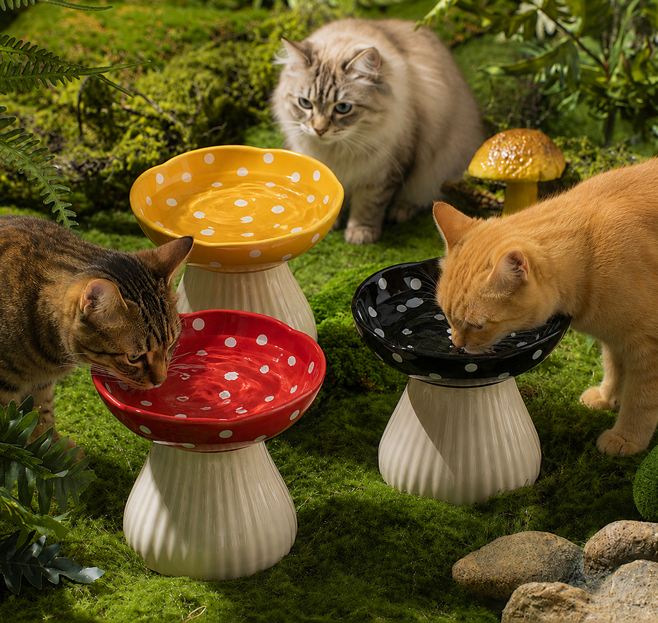 Whimsical Mushroom Raised Cat Bowl